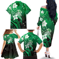 Polynesia Hammerhead Shark Family Matching Off The Shoulder Long Sleeve Dress and Hawaiian Shirt Green Tribal Pattern With Plumeria - Polynesian Pride