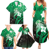 Polynesia Hammerhead Shark Family Matching Summer Maxi Dress and Hawaiian Shirt Green Tribal Pattern With Plumeria LT05 - Polynesian Pride