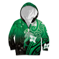Polynesia Hammerhead Shark Kid Hoodie Green Tribal Pattern With Plumeria LT05 Zip Hoodie Green - Polynesian Pride