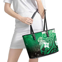 Polynesia Hammerhead Shark Leather Tote Bag Green Tribal Pattern With Plumeria LT05 - Polynesian Pride