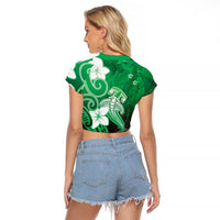Polynesia Hammerhead Shark Raglan Cropped T Shirt Green Tribal Pattern With Plumeria - Polynesian Pride