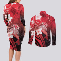 Polynesia Hammerhead Shark Couples Matching Long Sleeve Bodycon Dress and Long Sleeve Button Shirt Red Tribal Pattern With Plumeria - Polynesian Pride