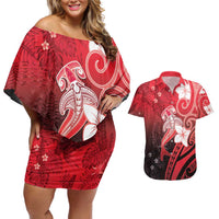 Polynesia Hammerhead Shark Couples Matching Off Shoulder Short Dress and Hawaiian Shirt Red Tribal Pattern With Plumeria - Polynesian Pride