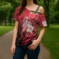 Polynesia Hammerhead Shark Cross Shoulder Shirt Red Tribal Pattern With Plumeria LT05 - Polynesian Pride