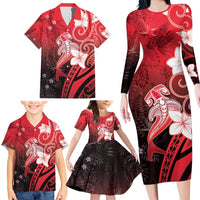 Polynesia Hammerhead Shark Family Matching Long Sleeve Bodycon Dress and Hawaiian Shirt Red Tribal Pattern With Plumeria LT05 - Polynesian Pride
