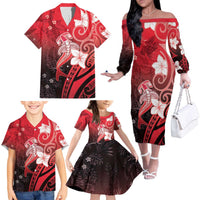 Polynesia Hammerhead Shark Family Matching Off The Shoulder Long Sleeve Dress and Hawaiian Shirt Red Tribal Pattern With Plumeria LT05 - Polynesian Pride