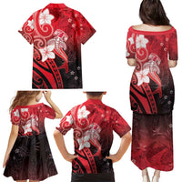 Polynesia Hammerhead Shark Family Matching Puletasi and Hawaiian Shirt Red Tribal Pattern With Plumeria LT05 - Polynesian Pride