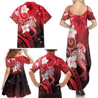 Polynesia Hammerhead Shark Family Matching Summer Maxi Dress and Hawaiian Shirt Red Tribal Pattern With Plumeria LT05 - Polynesian Pride