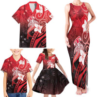 Polynesia Hammerhead Shark Family Matching Tank Maxi Dress and Hawaiian Shirt Red Tribal Pattern With Plumeria LT05 - Polynesian Pride
