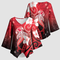 Polynesia Hammerhead Shark Kimono Sleeve Blouse Red Tribal Pattern With Plumeria LT05 - Polynesian Pride