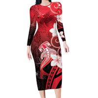Polynesia Hammerhead Shark Long Sleeve Bodycon Dress Red Tribal Pattern With Plumeria LT05 Long Dress Red - Polynesian Pride