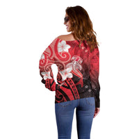 Polynesia Hammerhead Shark Off Shoulder Sweater Red Tribal Pattern With Plumeria LT05 - Polynesian Pride