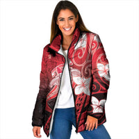 Polynesia Hammerhead Shark Padded Jacket Red Tribal Pattern With Plumeria LT05 Women Red - Polynesian Pride