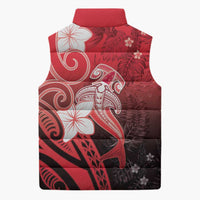 Polynesia Hammerhead Shark Sleeveless Puffer Jacket Red Tribal Pattern With Plumeria LT05 - Polynesian Pride