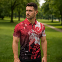 Polynesia Hammerhead Shark Zipper Polo Shirt Red Tribal Pattern With Plumeria LT05 - Polynesian Pride