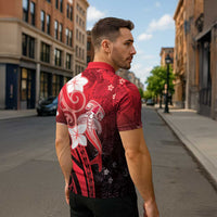 Polynesia Hammerhead Shark Zipper Polo Shirt Red Tribal Pattern With Plumeria LT05 - Polynesian Pride