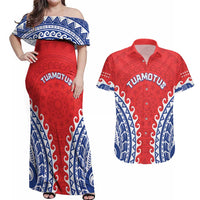 Custom Tuamotu Archipelago Couples Matching Off Shoulder Maxi Dress and Hawaiian Shirt Polynesian Tribal Tattoo