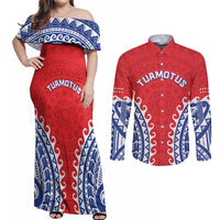 Custom Tuamotu Archipelago Couples Matching Off Shoulder Maxi Dress and Long Sleeve Button Shirt Polynesian Tribal Tattoo