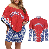 Custom Tuamotu Archipelago Couples Matching Off Shoulder Short Dress and Long Sleeve Button Shirt Polynesian Tribal Tattoo