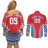 Custom Tuamotu Archipelago Couples Matching Off Shoulder Short Dress and Long Sleeve Button Shirt Polynesian Tribal Tattoo