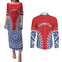 Custom Tuamotu Archipelago Couples Matching Puletasi and Long Sleeve Button Shirt Polynesian Tribal Tattoo