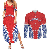 Custom Tuamotu Archipelago Couples Matching Summer Maxi Dress and Long Sleeve Button Shirt Polynesian Tribal Tattoo