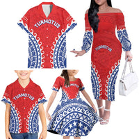 Custom Tuamotu Archipelago Family Matching Off The Shoulder Long Sleeve Dress and Hawaiian Shirt Polynesian Tribal Tattoo