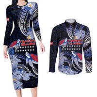 Tuamotu Islands Couples Matching Long Sleeve Bodycon Dress and Long Sleeve Button Shirt Polynesian Pattern With Turtle
