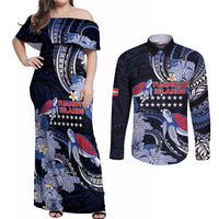 Tuamotu Islands Couples Matching Off Shoulder Maxi Dress and Long Sleeve Button Shirt Polynesian Pattern With Turtle