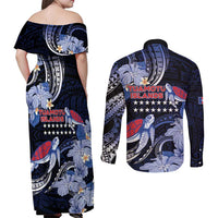 Tuamotu Islands Couples Matching Off Shoulder Maxi Dress and Long Sleeve Button Shirt Polynesian Pattern With Turtle