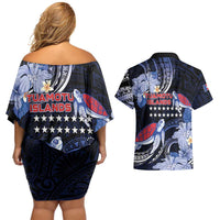 Tuamotu Islands Couples Matching Off Shoulder Short Dress and Hawaiian Shirt Polynesian Pattern With Turtle