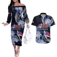 Tuamotu Islands Couples Matching Off The Shoulder Long Sleeve Dress and Hawaiian Shirt Polynesian Pattern With Turtle