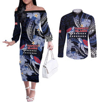 Tuamotu Islands Couples Matching Off The Shoulder Long Sleeve Dress and Long Sleeve Button Shirt Polynesian Pattern With Turtle
