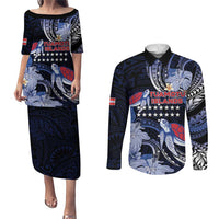 Tuamotu Islands Couples Matching Puletasi and Long Sleeve Button Shirt Polynesian Pattern With Turtle