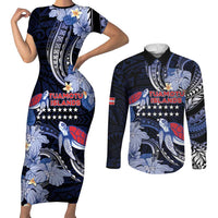 Tuamotu Islands Couples Matching Short Sleeve Bodycon Dress and Long Sleeve Button Shirt Polynesian Pattern With Turtle