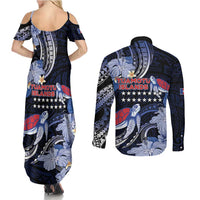 Tuamotu Islands Couples Matching Summer Maxi Dress and Long Sleeve Button Shirt Polynesian Pattern With Turtle
