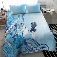 Aotearoa Maori Wahine Bedding Set Fantail Bird Blue Gold Marble
