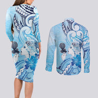 Aotearoa Maori Wahine Couples Matching Long Sleeve Bodycon Dress and Long Sleeve Button Shirt Fantail Bird Blue Gold Marble