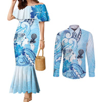 Aotearoa Maori Wahine Couples Matching Mermaid Dress and Long Sleeve Button Shirt Fantail Bird Blue Gold Marble