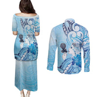Aotearoa Maori Wahine Couples Matching Puletasi and Long Sleeve Button Shirt Fantail Bird Blue Gold Marble LT05 - Polynesian Pride