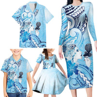 Aotearoa Maori Wahine Family Matching Long Sleeve Bodycon Dress and Hawaiian Shirt Fantail Bird Blue Gold Marble LT05 - Polynesian Pride