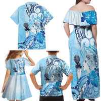 Aotearoa Maori Wahine Family Matching Off Shoulder Maxi Dress and Hawaiian Shirt Fantail Bird Blue Gold Marble LT05 - Polynesian Pride