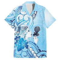 Aotearoa Maori Wahine Family Matching Off Shoulder Maxi Dress and Hawaiian Shirt Fantail Bird Blue Gold Marble LT05 Dad's Shirt - Short Sleeve Blue - Polynesian Pride