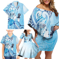Aotearoa Maori Wahine Family Matching Off Shoulder Short Dress and Hawaiian Shirt Fantail Bird Blue Gold Marble