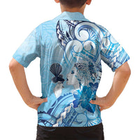 Aotearoa Maori Wahine Family Matching Puletasi and Hawaiian Shirt Fantail Bird Blue Gold Marble LT05 - Polynesian Pride