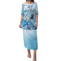 Aotearoa Maori Wahine Family Matching Puletasi and Hawaiian Shirt Fantail Bird Blue Gold Marble LT05 Mom's Dress Blue - Polynesian Pride