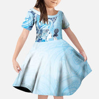 Aotearoa Maori Wahine Family Matching Tank Maxi Dress and Hawaiian Shirt Fantail Bird Blue Gold Marble LT05 Daughter's Dress Blue - Polynesian Pride