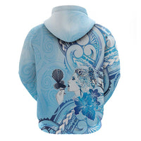Aotearoa Maori Wahine Zip Hoodie Fantail Bird Blue Gold Marble