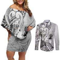Aotearoa Maori Wahine Couples Matching Off Shoulder Short Dress and Long Sleeve Button Shirt Fantail Bird Black Gold Marble