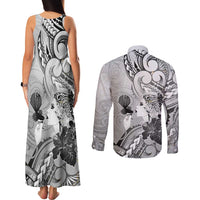 Aotearoa Maori Wahine Couples Matching Tank Maxi Dress and Long Sleeve Button Shirt Fantail Bird Black Gold Marble